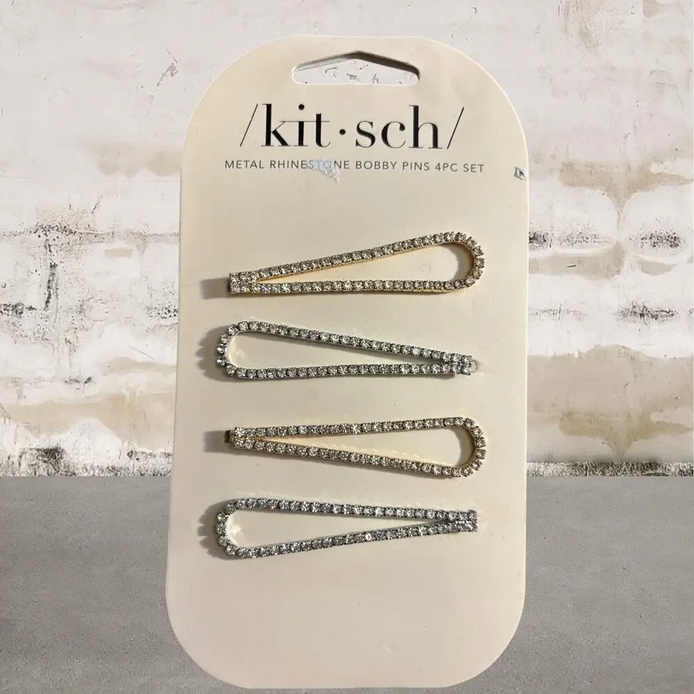 Kitsch Metal Rhinestone Drop Bobby Pins 4pc Set - Gold and Silver NEW